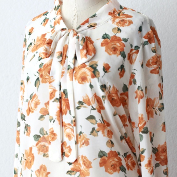 Chiffon yellow rose bow tie blouse - M - Picture 4 of 8